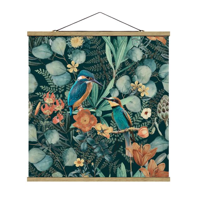 Wandbilder Kunstdrucke Blumenparadies Eisvogel und Kolibri