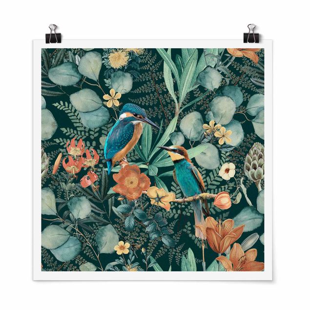 Kunstkopie Poster Blumenparadies Eisvogel und Kolibri