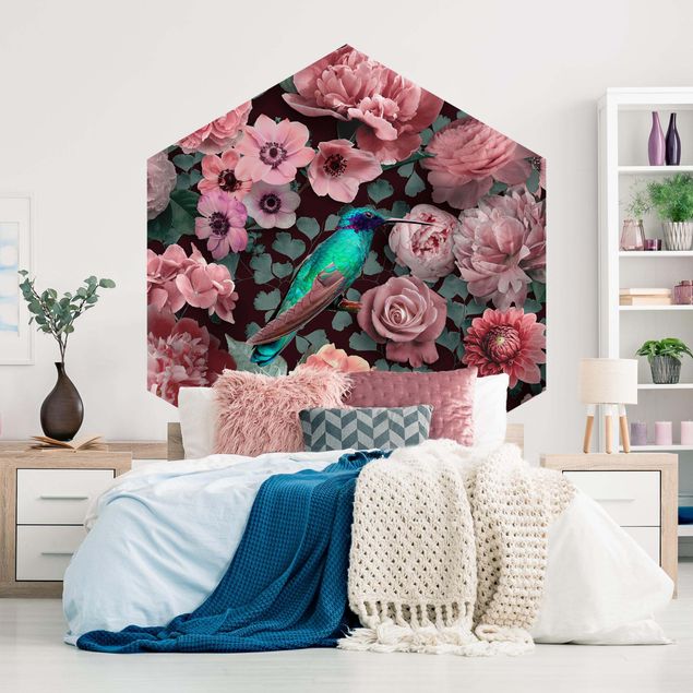 Tapeten Modern Blumenparadies Kolibri mit Rosen
