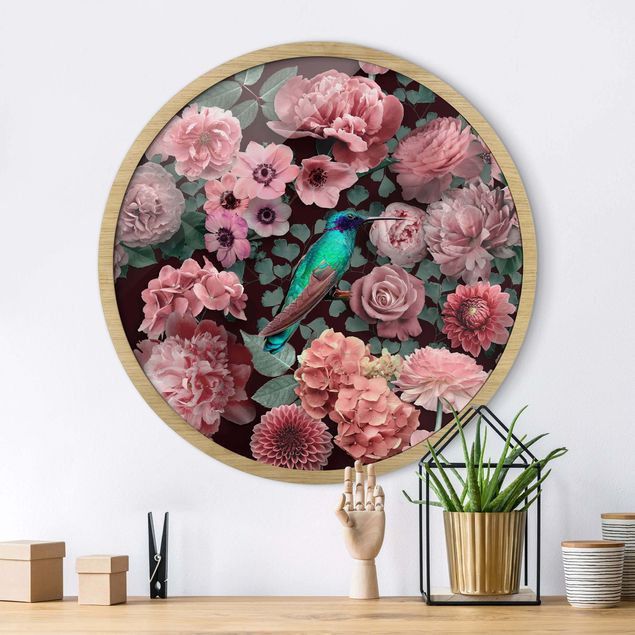 Bilder gerahmt Blumen Blumenparadies Kolibri mit Rosen