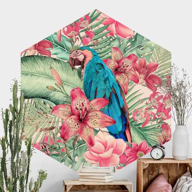 Wanddeko Küche Blumenparadies tropischer Papagei