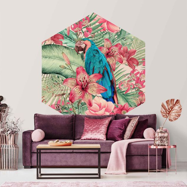 moderne Fototapete Blumenparadies tropischer Papagei