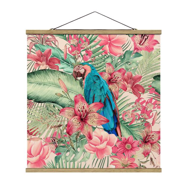 Wandbilder Kunstdrucke Blumenparadies tropischer Papagei