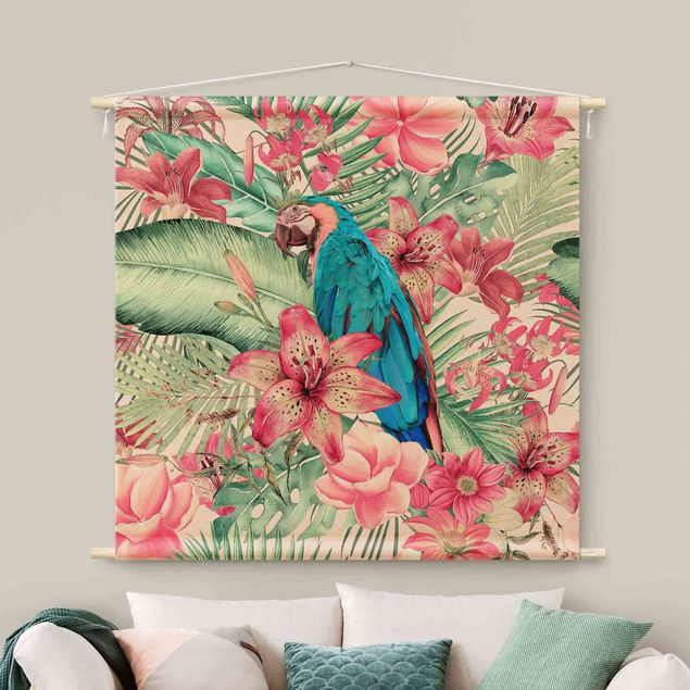 Wandteppich XXL Blumenparadies tropischer Papagei