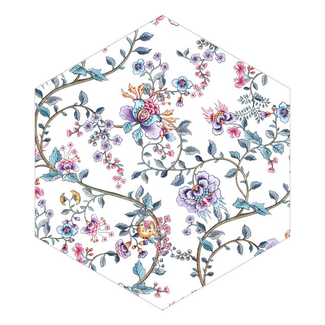 Hexagon Mustertapete selbstklebend - Blumenranken in Pastell