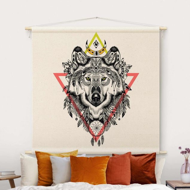 Wandbehang modern Boho Wolf mit Traumfänger