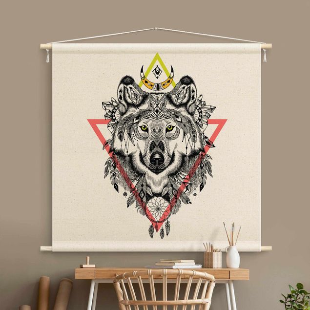 Mandala Wandteppich Boho Wolf mit Traumfänger