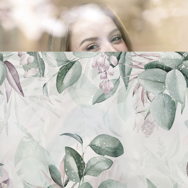 Fensterfolie - Sichtschutz - Botanik in Pastell Grün & Rosa - Fensterbilder