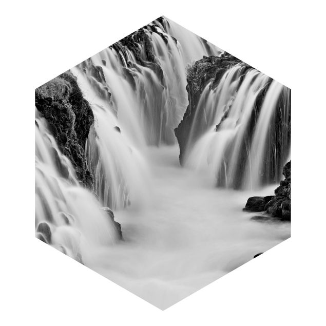 Wandtapete beige Brúarfoss Wasserfall in Island Schwarz-Weiß