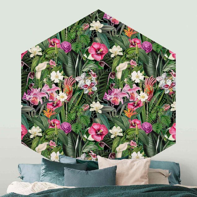 Tapeten mit Muster Bunte tropische Blumen Collage