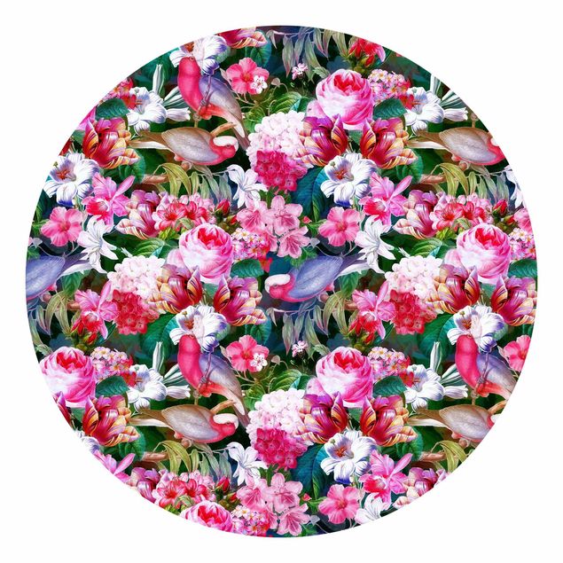 Tapeten mit Muster Bunte Tropische Blumen mit Vögeln Pink