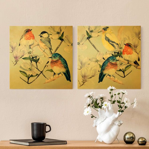 Wandbilder Tiere Bunte Vögel auf einem Magnolienast Set