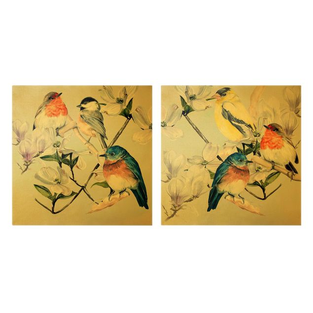 Wandbilder Bunt Bunte Vögel auf einem Magnolienast Set