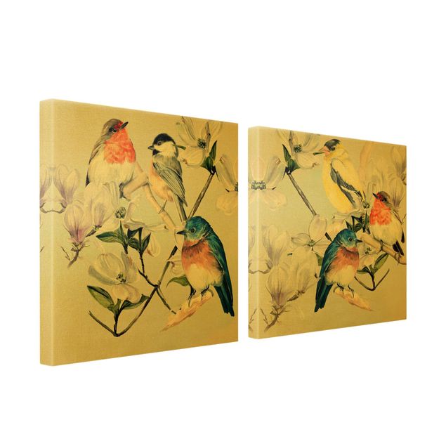Wandbilder Bunte Vögel auf einem Magnolienast Set
