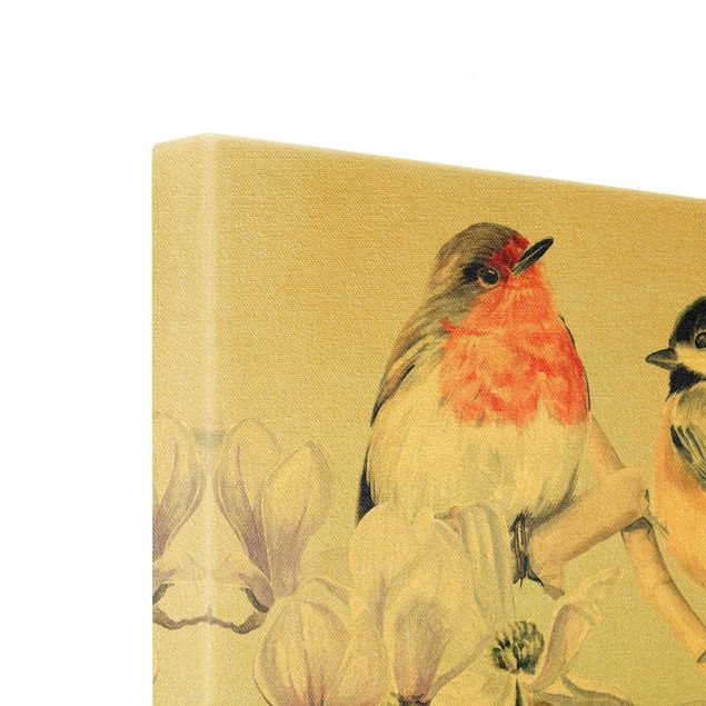 Leinwandbilder kaufen Bunte Vögel auf einem Magnolienast Set