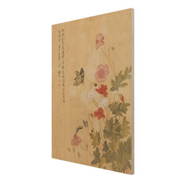 Holzbild Blumen Yuanyu Ma - Mohnblumen und Schmetterlinge