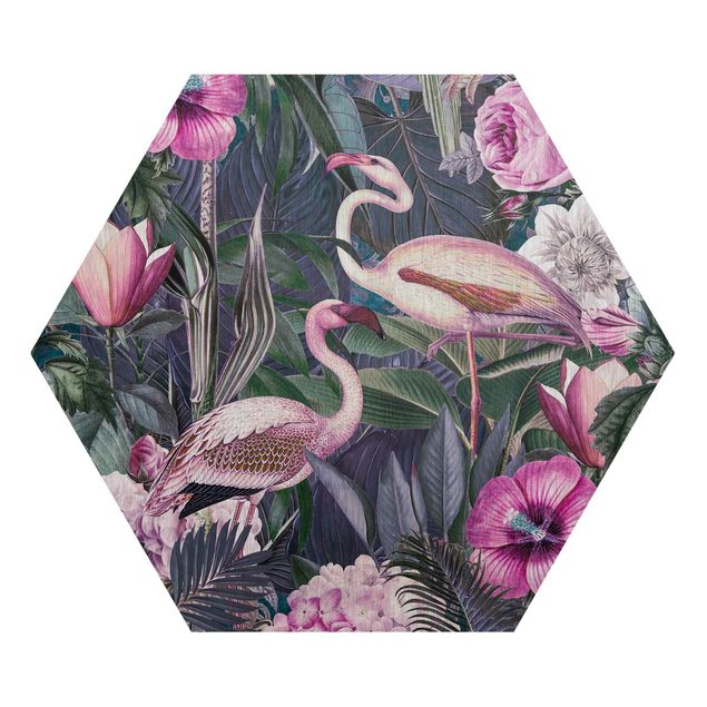 Wandbilder Kunstdrucke Bunte Collage - Pinke Flamingos im Dschungel