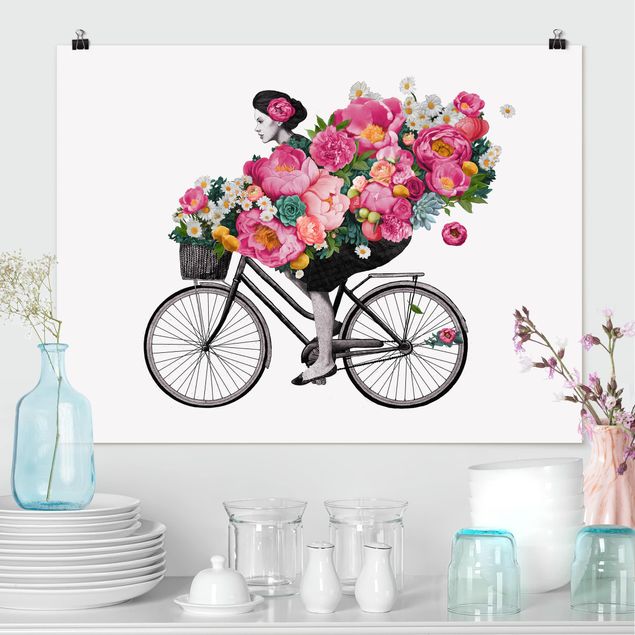 Poster Blumen Illustration Frau auf Fahrrad Collage bunte Blumen