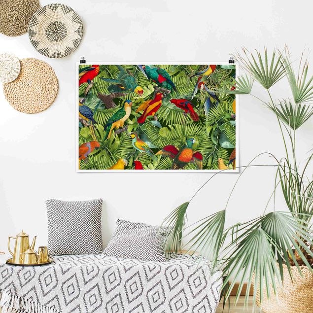 Poster mit Blumen Bunte Collage - Papageien im Dschungel