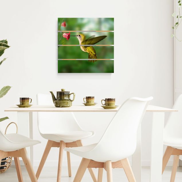 Holzbild Blumen Kolibri und Blüte