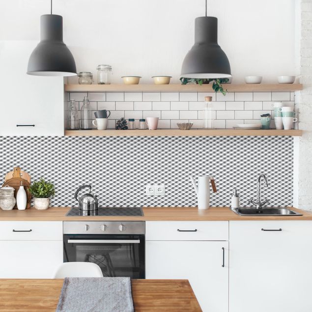 Küchenrückwand Folie Fliesenoptik Geometrischer Fliesenmix Würfel Grau