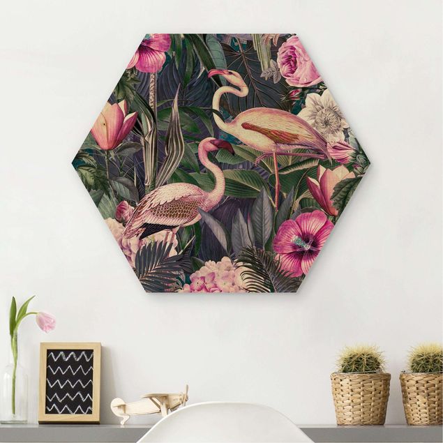 Küche Dekoration Bunte Collage - Pinke Flamingos im Dschungel