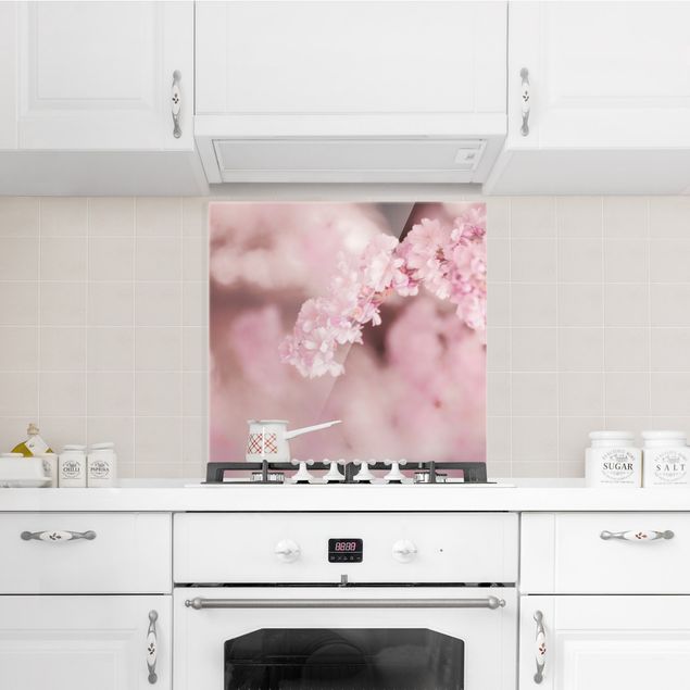 Glasrückwand Küche Blumen Kirschblüte im Violetten Licht