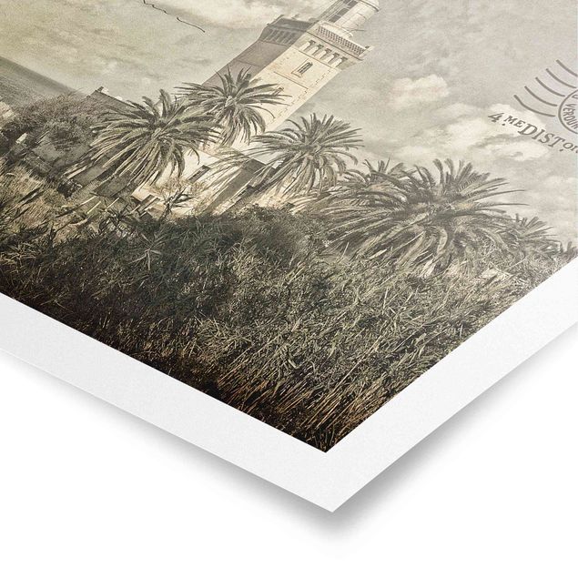 Poster Naturbilder Leuchtturm und Palmen - Vintage Postkarte