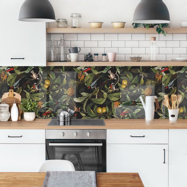 Küchenrückwände Blumen Vögel mit Ananas Grün I