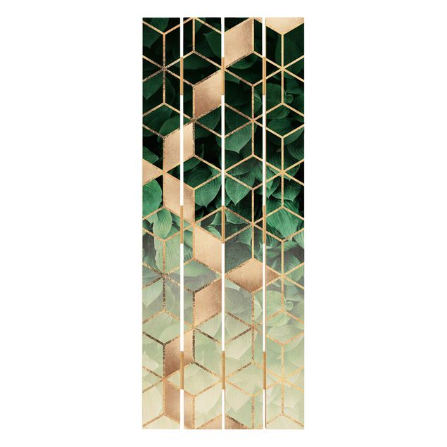 Holzbilder Grüne Blätter goldene Geometrie