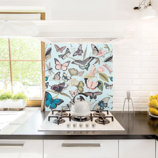 Glasrückwand Küche Blumen Vintage Collage - Schmetterlinge und Libellen