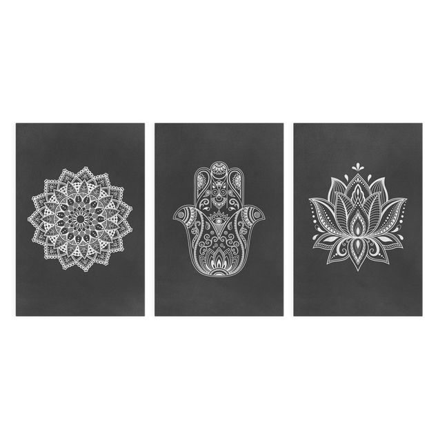 Wandbilder Schwarz Mandala Hamsa Hand Lotus Set auf Schwarz