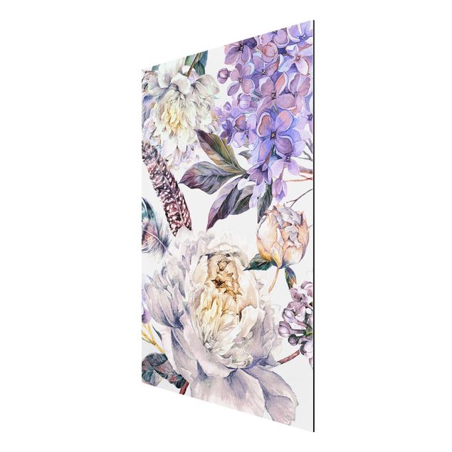 Wandbilder Blumen Zartes Aquarell Boho Blüten und Federn Muster