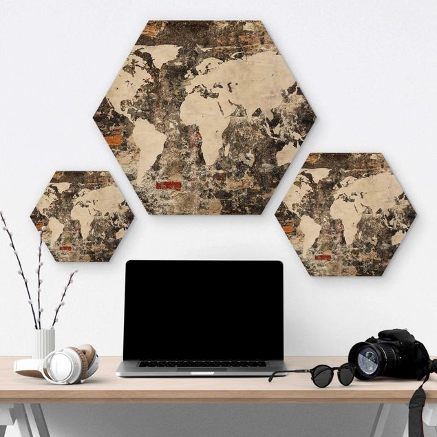 Hexagon Bild Holz - Alte Mauer Weltkarte