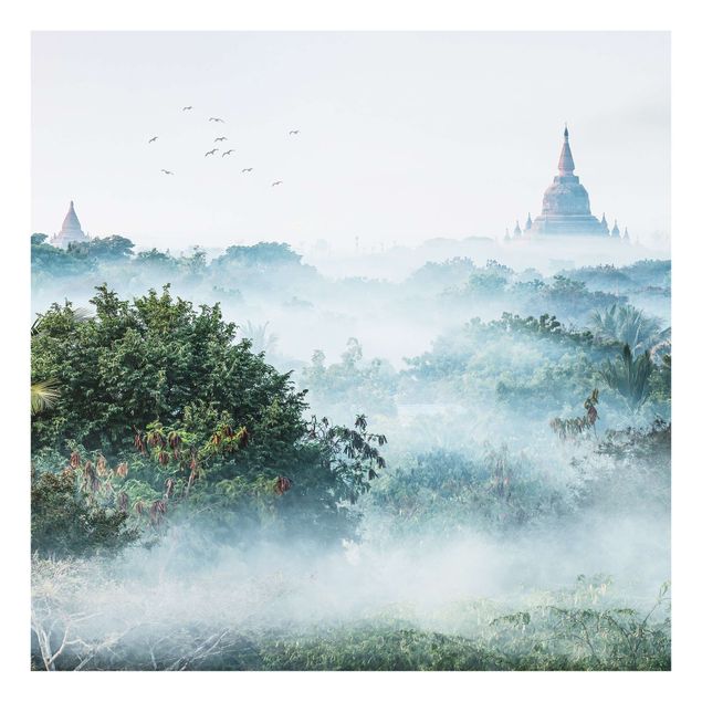 Spritzschutz Glas - Morgennebel über dem Dschungel von Bagan - Quadrat 1:1