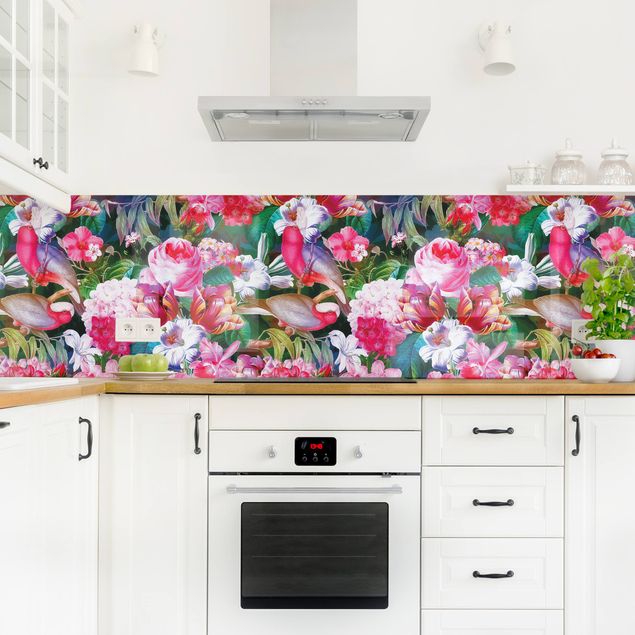 Spritzschutz Küche Glas Bunte Tropische Blumen mit Vögeln Pink I