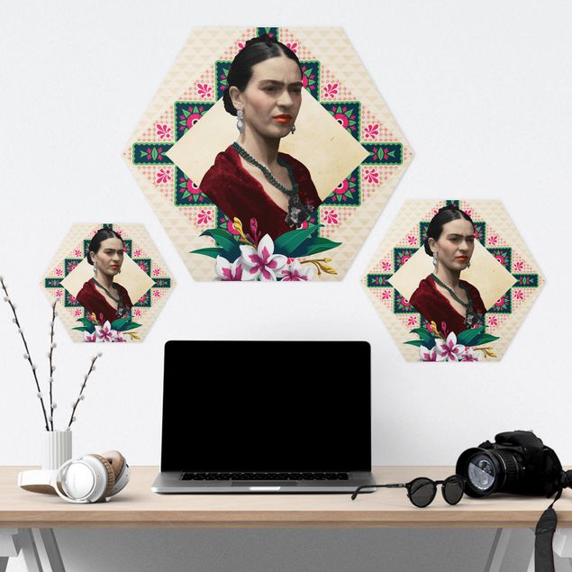 Hexagon Bild Alu-Dibond - Frida Kahlo - Blumen und Geometrie