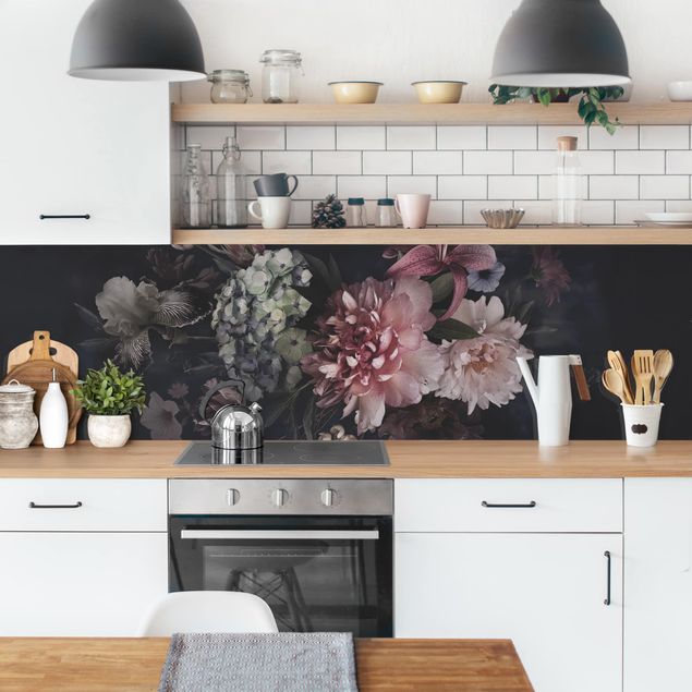 Blumen mit Nebel auf Schwarz Küchenrückwand / Rückwand Küche