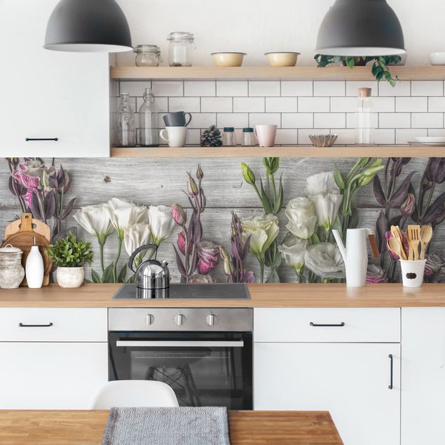 Küchenrückwand Folie Holzoptik Tulpen-Rose Shabby Holzoptik