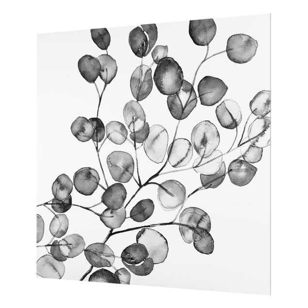 Spritzschutz Glas - Schwarz Weiß Aquarell Eukalyptuszweig - Quadrat 1:1
