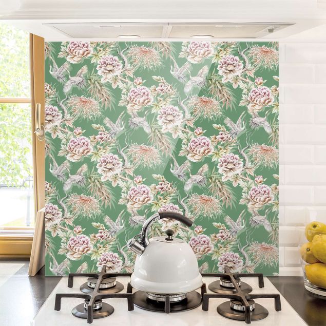 Küchen Deko Aquarell Vögel mit großen Blüten vor Grün