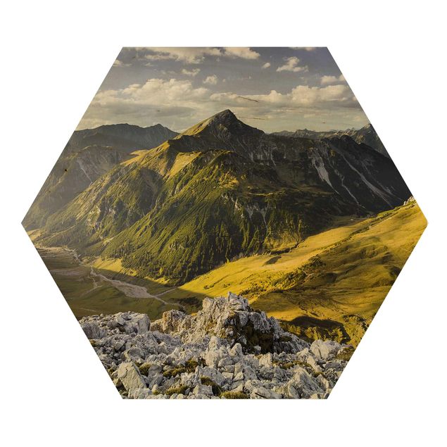 Wandbild Holz Berge und Tal der Lechtaler Alpen in Tirol