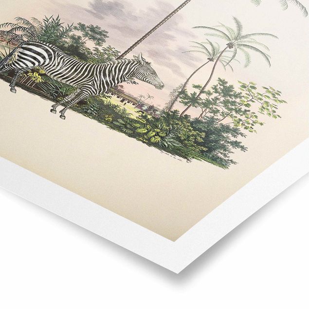 Poster Retro Vintage Zebra vor Palmen Illustration