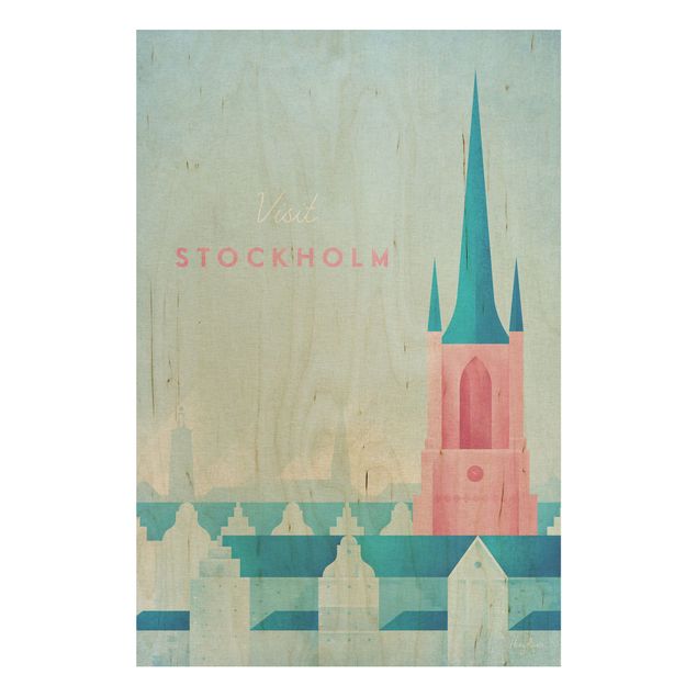 Wandbild Holz Vintage Reiseposter - Stockholm