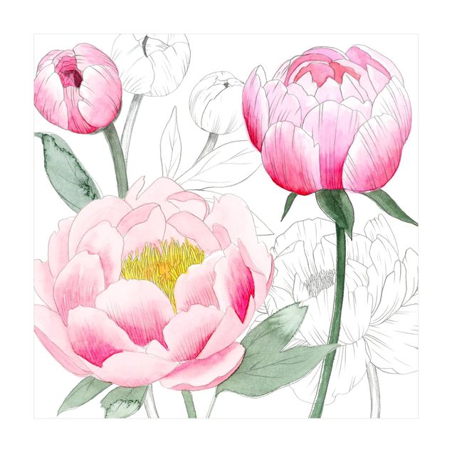 Teppich Blumen Zeichnung Rosa Päonien II