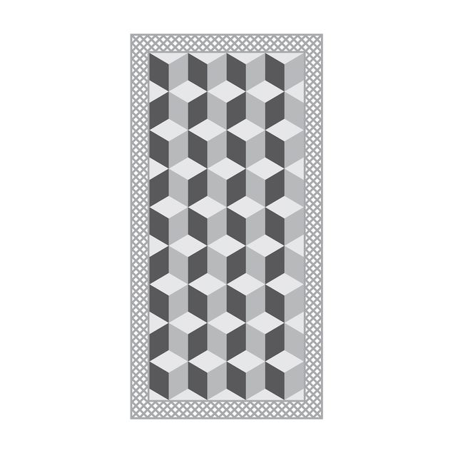 Teppich modern Geometrische Fliesen Stufenillusion in Grau mit Bordüre