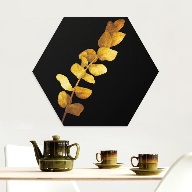Wandbilder Floral Gold - Eukalyptus auf Schwarz