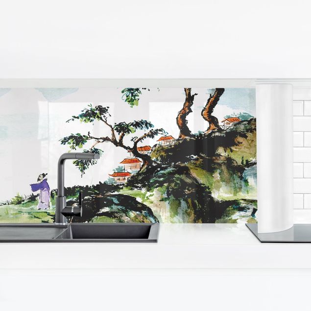 Küchenrückwand Folie Japanische Aquarell Zeichnung See und Berge