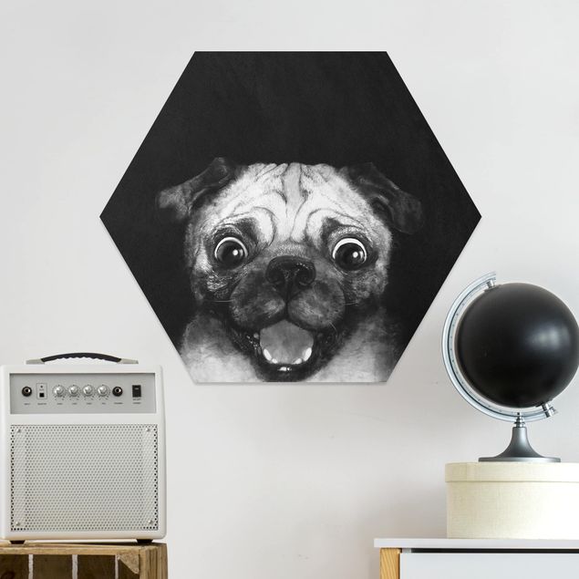 Küchen Deko Illustration Hund Mops Malerei auf Schwarz Weiß