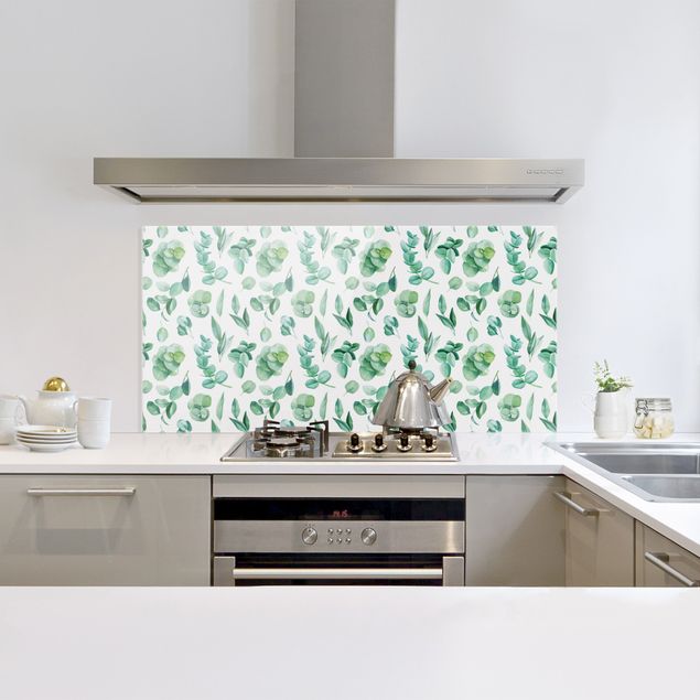 Glasrückwand Küche Blumen Aquarell Eukalyptuszweige und Blätter Muster